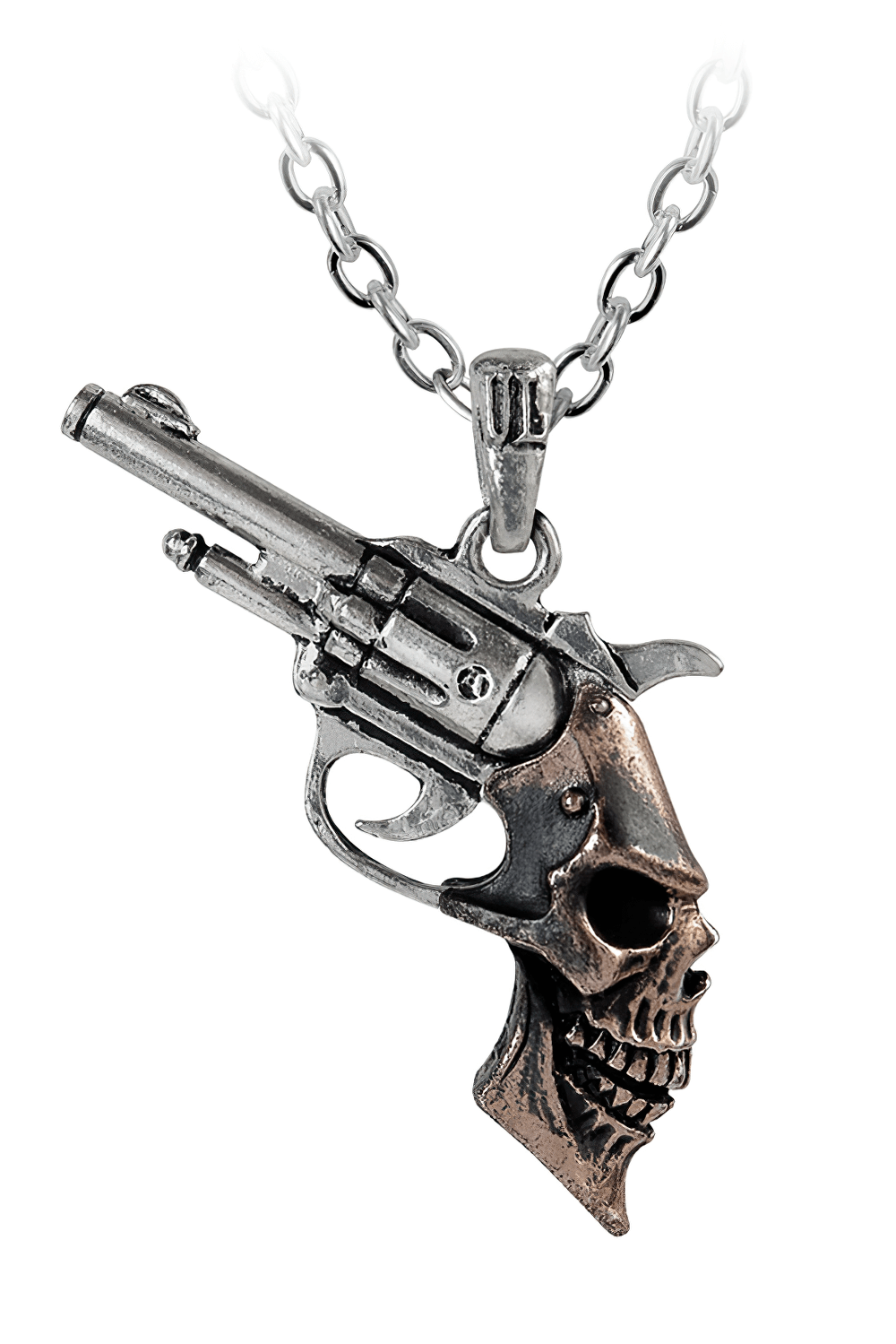 Skull Revolver Pendant Necklace in Pewter and Bronze showcasing a revolver with a skull handle design.