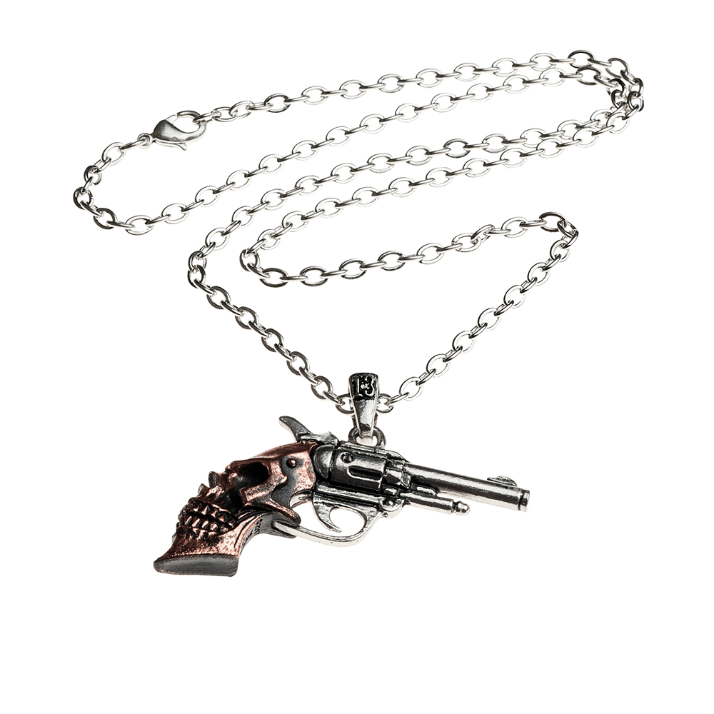 Skull Revolver Pendant Necklace in Pewter and Bronze on silver chain, featuring a skull handle and revolver design.