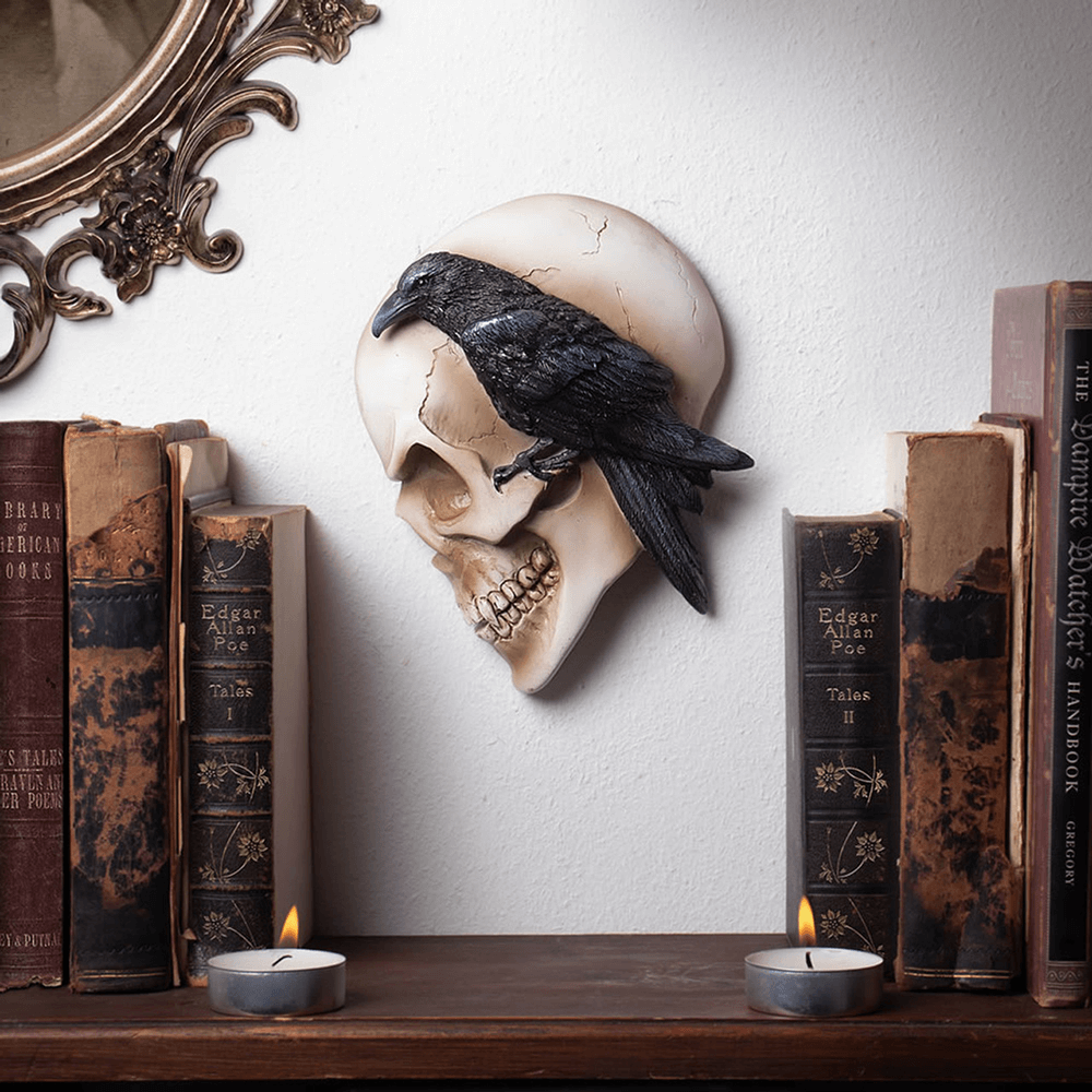 Intricate Skull with Raven Table Sculpture, perfect for gothic home decor and Edgar Allan Poe fans.