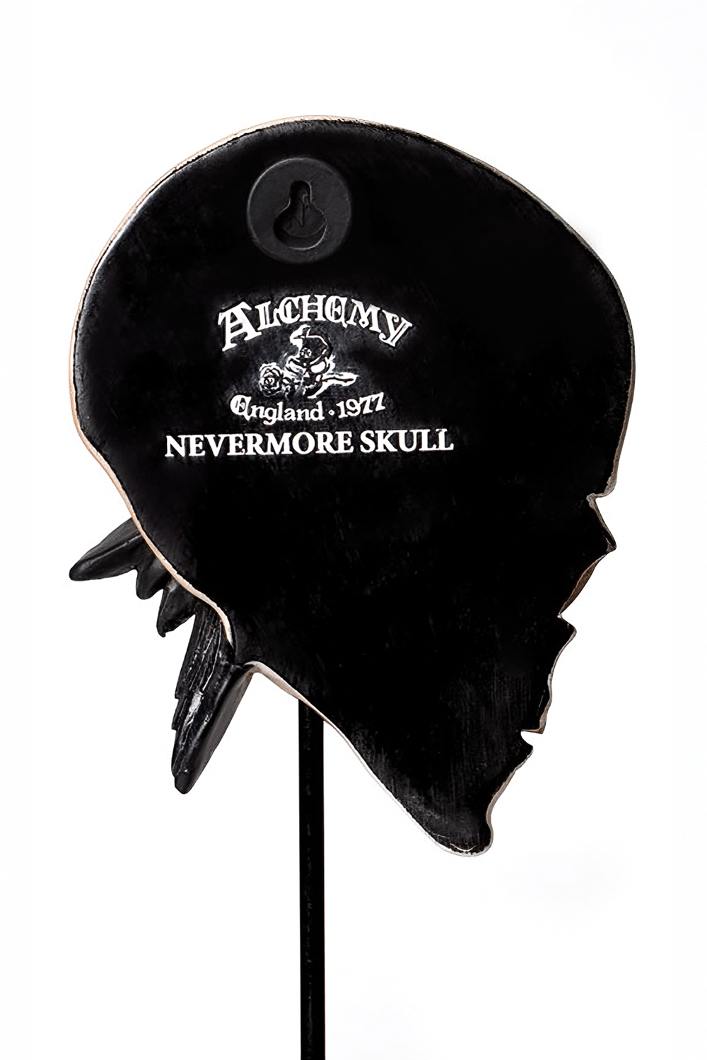 Alchemy Nevermore Skull table sculpture, gothic decor featuring a striking black raven silhouette design.