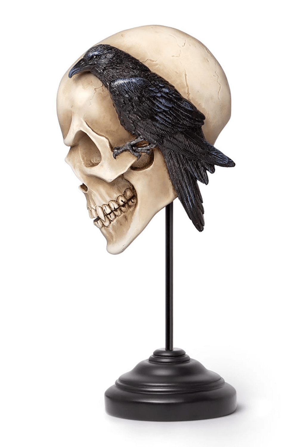 Gothic Skull with Raven sculpture, hand-painted home decor inspired by Edgar Allan Poe's 'Nevermore'