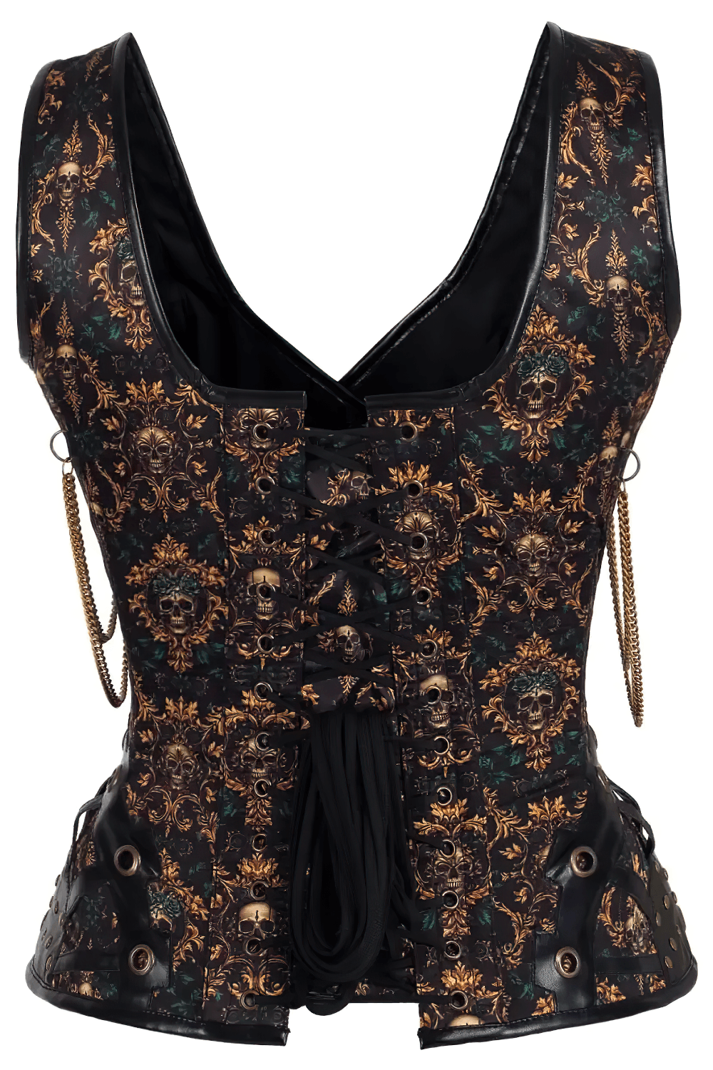 Skulls Print Overbust Corset with Brass Chain Details, gothic steampunk waist cincher with brass clasps and skull print
