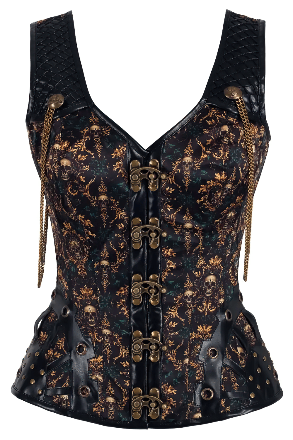 Skulls Print Overbust Corset with Brass Chain Details, gothic steampunk waist cincher with brass clasps and skull print