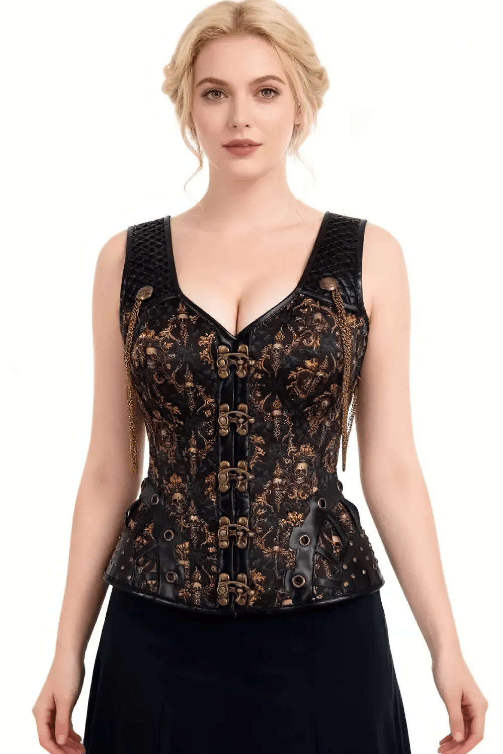 Skulls Print Overbust Corset with Brass Chain Details, gothic steampunk waist cincher with bronze skulls and brass clasps