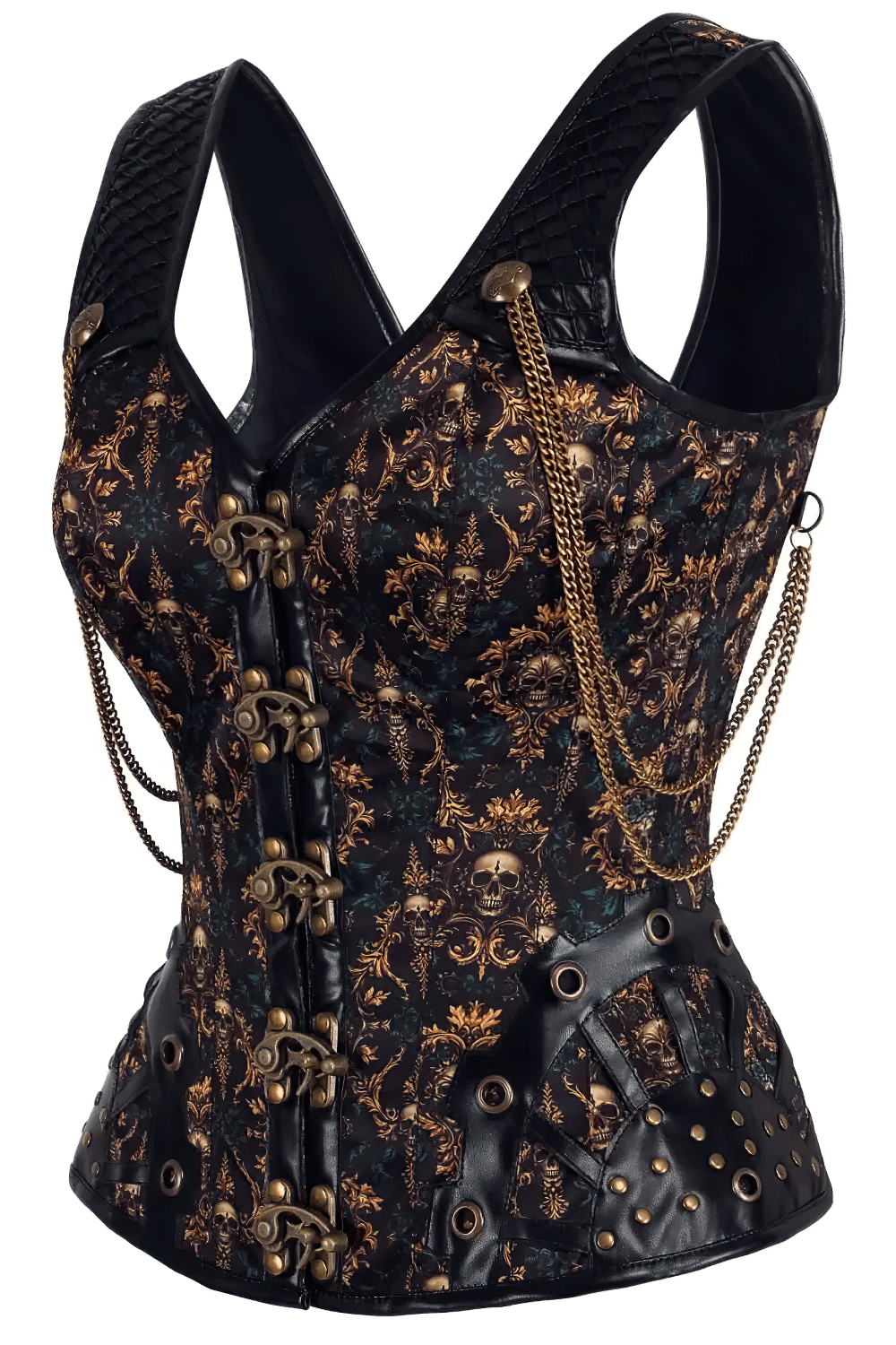 Skulls Print Overbust Corset with Brass Chain Details, brown gothic steampunk waist cincher with brass clasps and draped chains