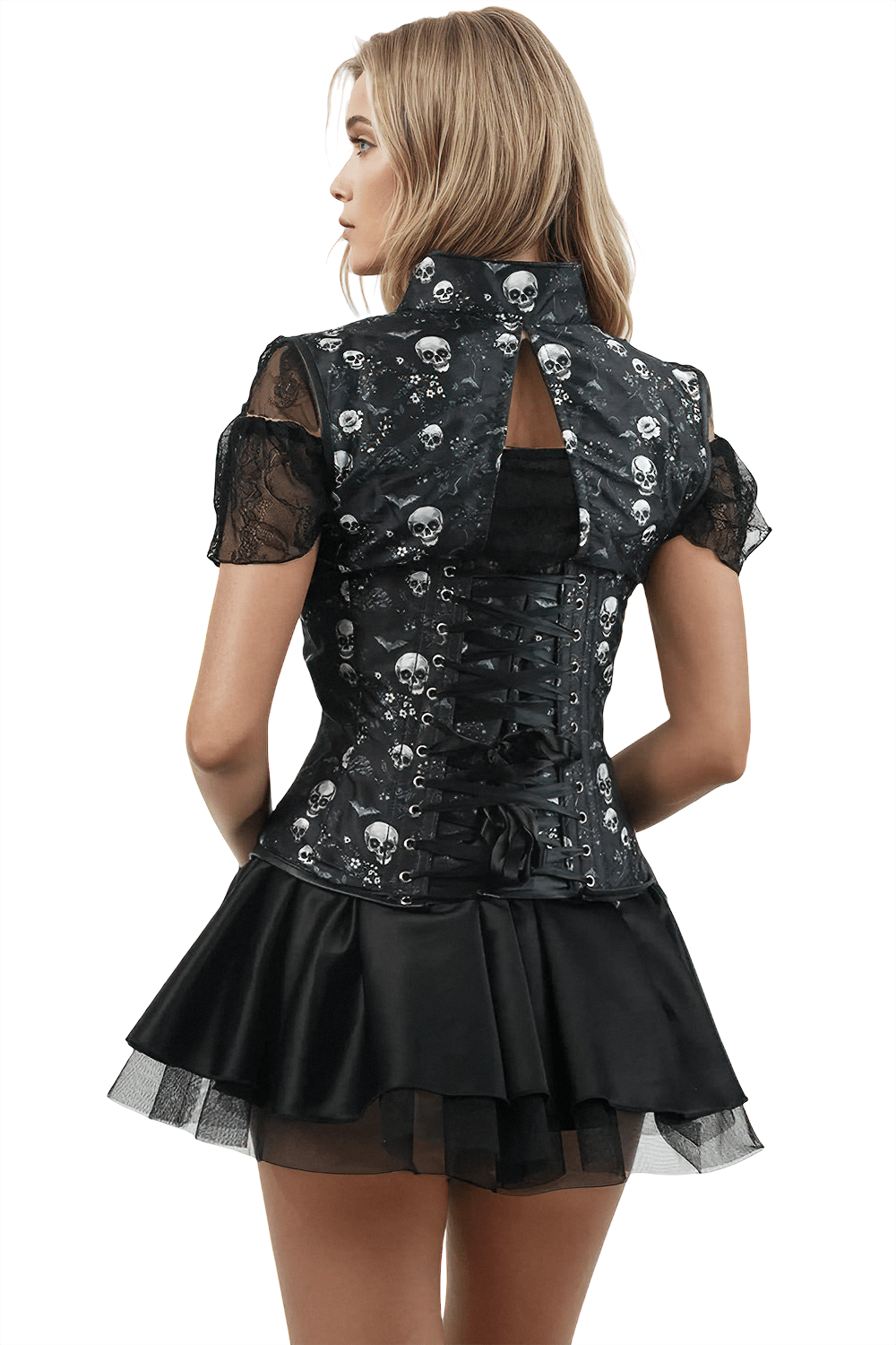 Skulls Print Underbust Corset with Lace Detail showcasing intricate skull motifs and a stylish lace design.