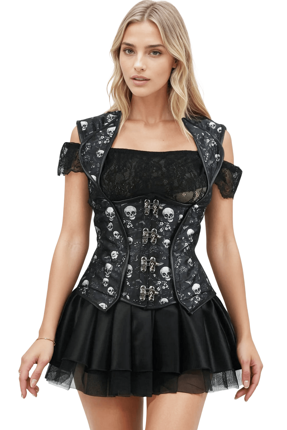 Skulls Print Underbust Corset with Lace Detail featuring gothic cat, rose, and skull motifs on a black taffeta base.