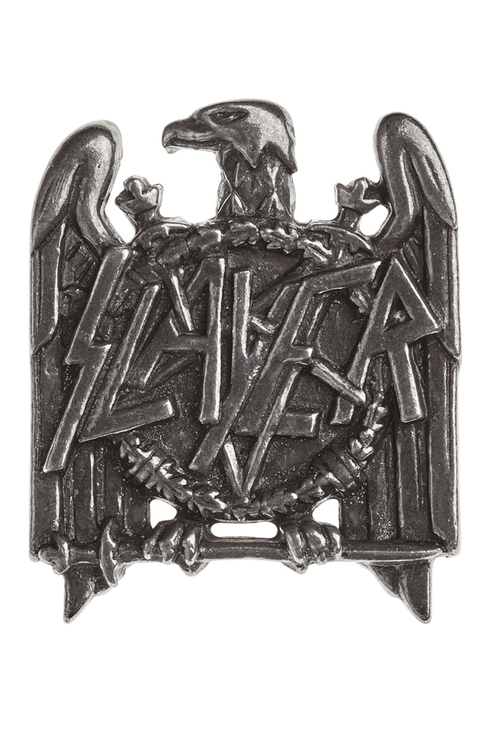 Vintage Slayer Eagle Logo Metal Pin Badge for rock fans, showcasing iconic emblem in detailed design.