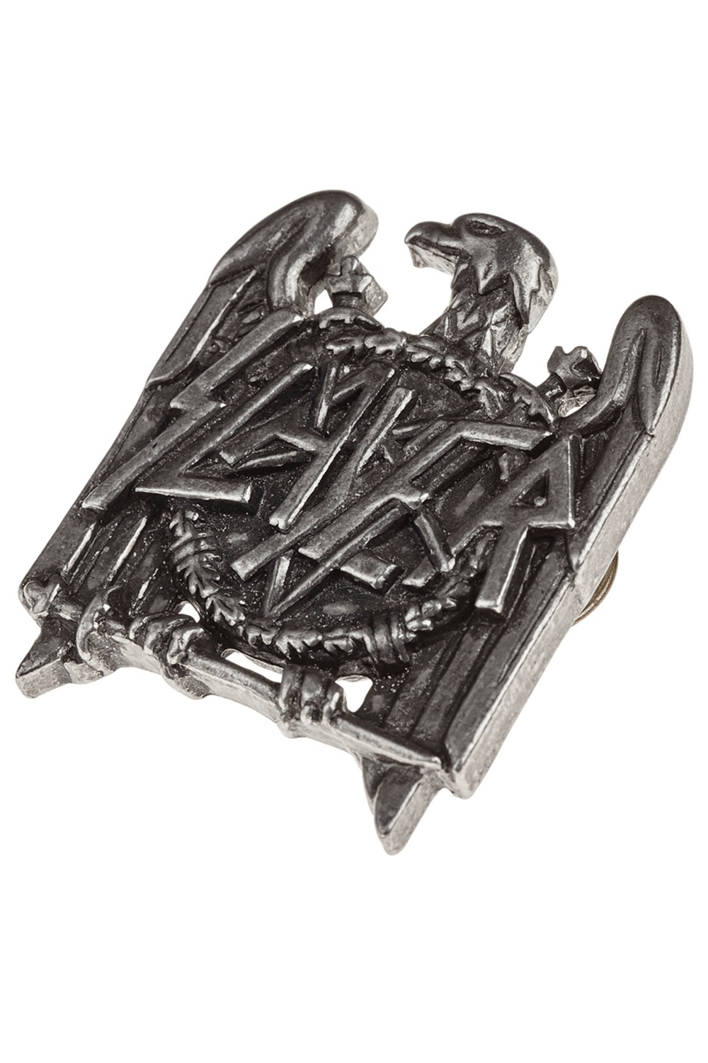 Vintage Slayer Eagle logo metal pin badge for rock fans, perfect for jackets and bags.