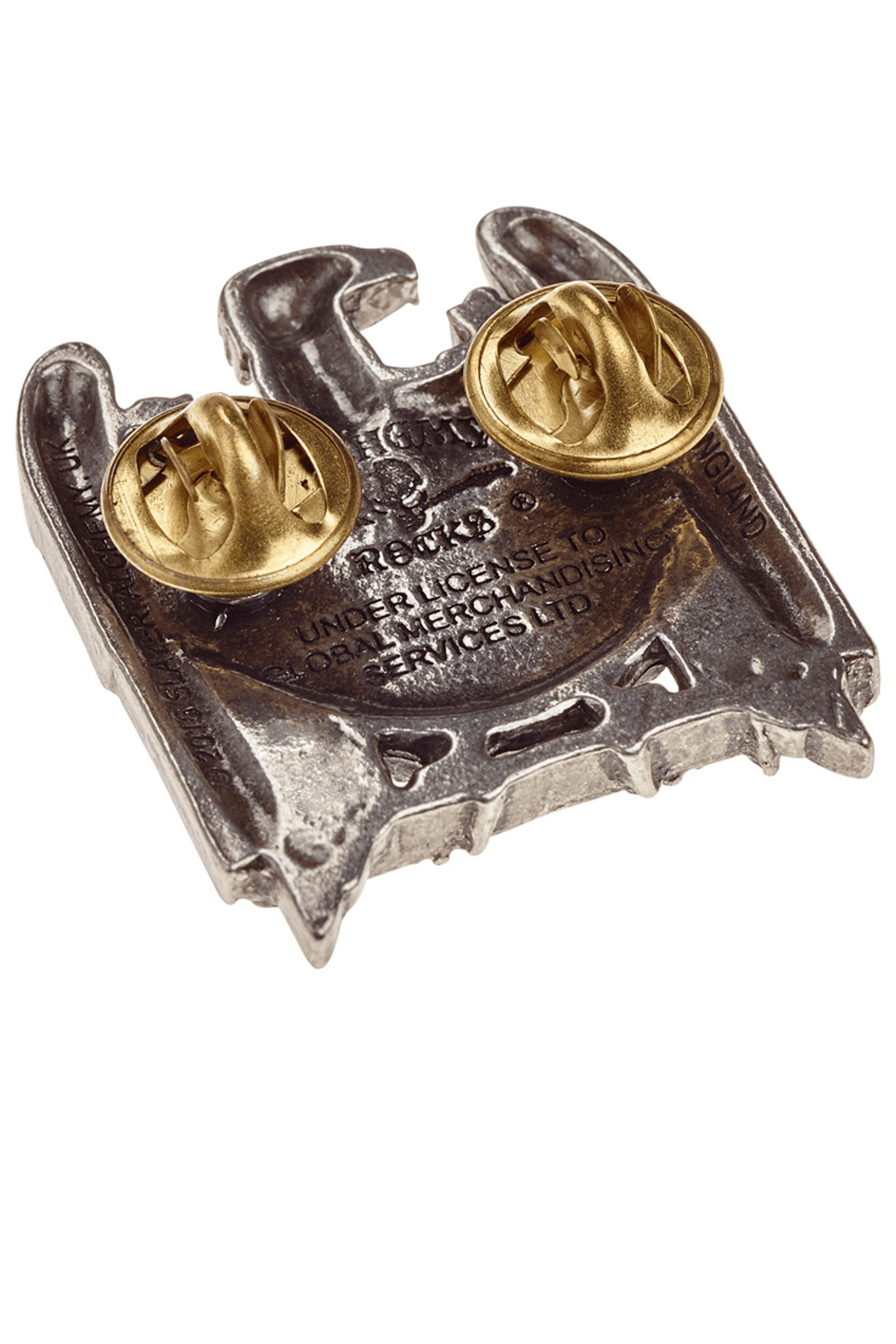 Back view of Slayer eagle logo metal pin badge with two secure clasps for rock fans.