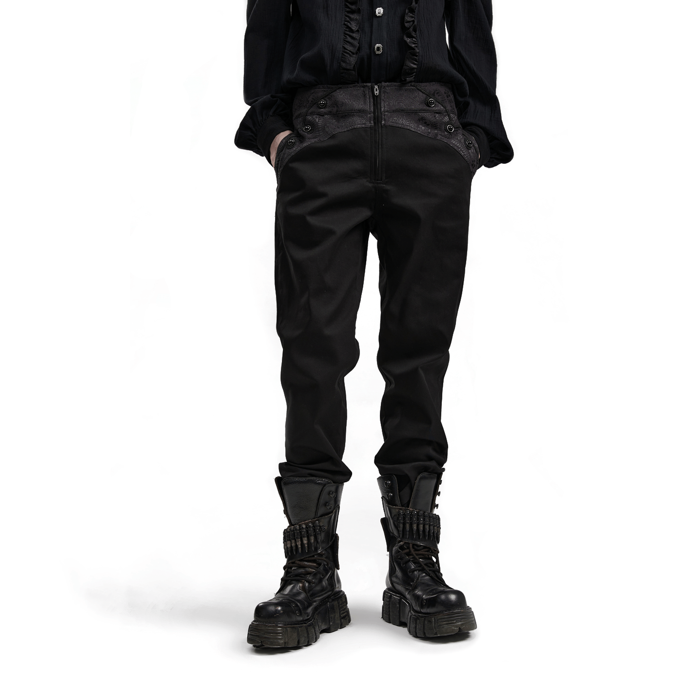 Sleek black gothic slim-fit trousers with pockets, webbing detail, and stylish boots for a modern goth look.