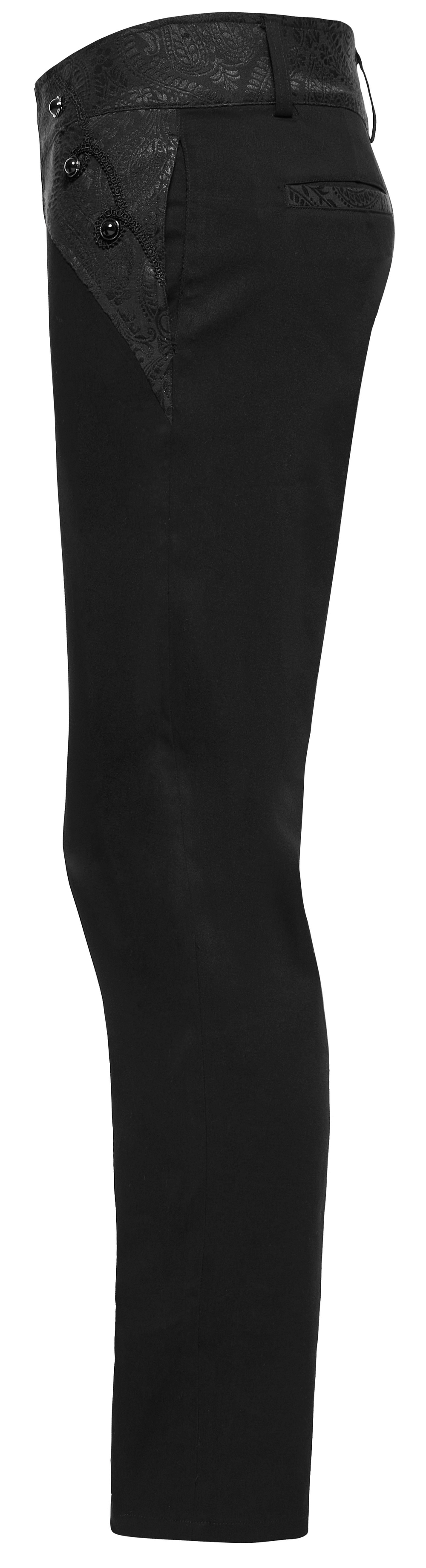 Sleek black gothic slim-fit trousers with webbing detail and side pockets, showcasing modern tailoring and stylish craftsmanship.