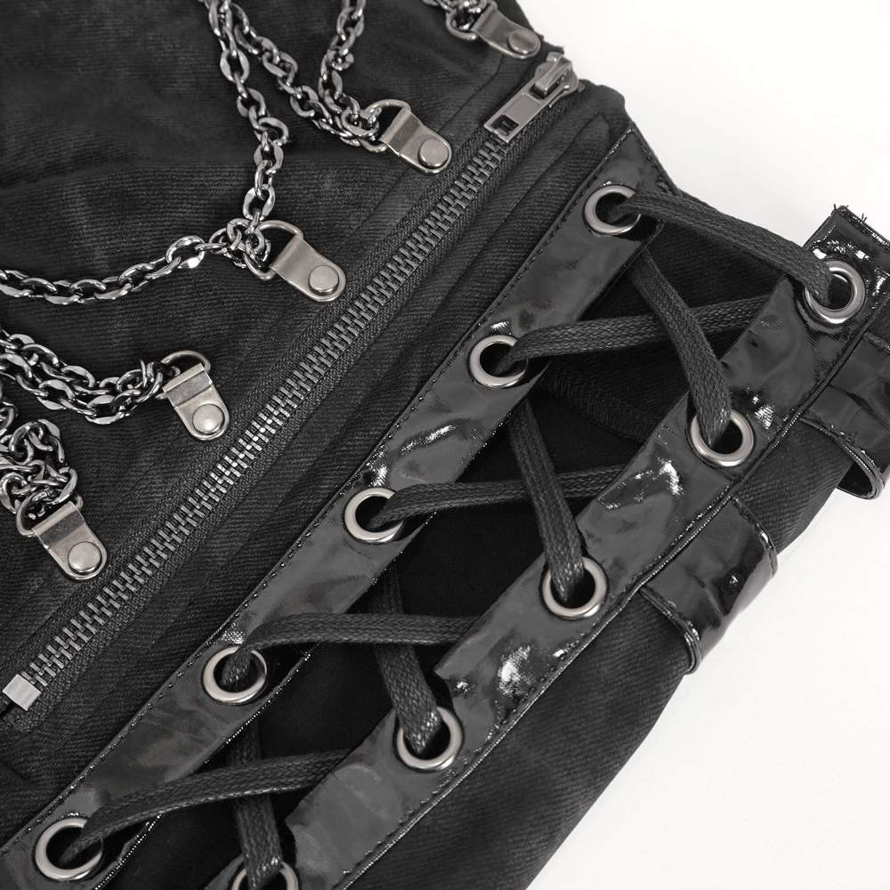 Black maxi skirt with edgy side lacing and chains, showcasing a stylish, modern design for women.