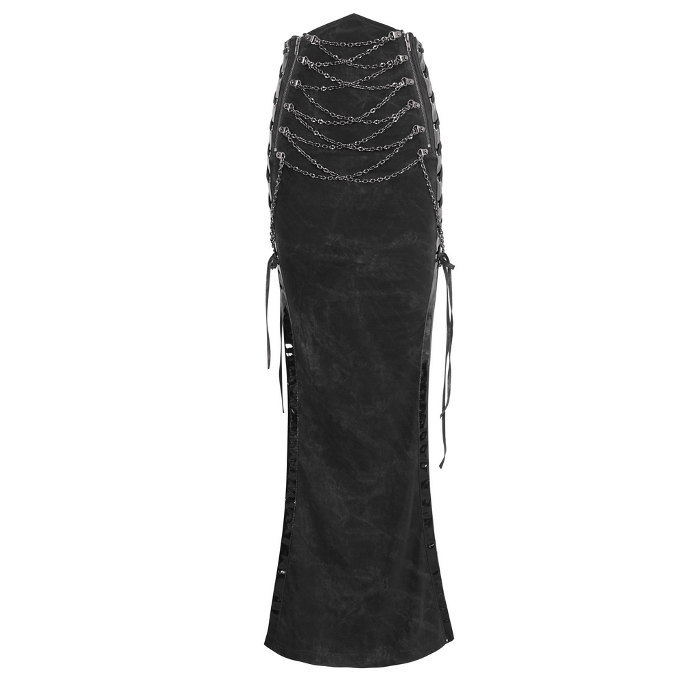 Sleek black maxi skirt with stylish side lacing and chain details, perfect for a chic evening look.