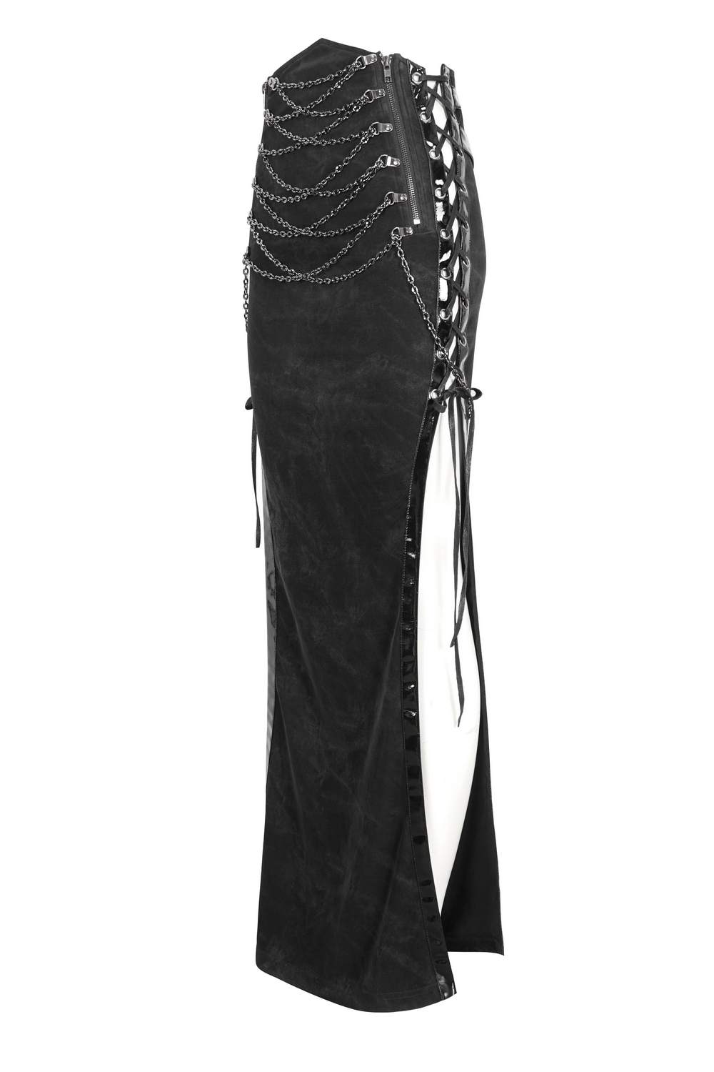 Sleek black maxi skirt with side lacing and chains, perfect for a chic evening look.