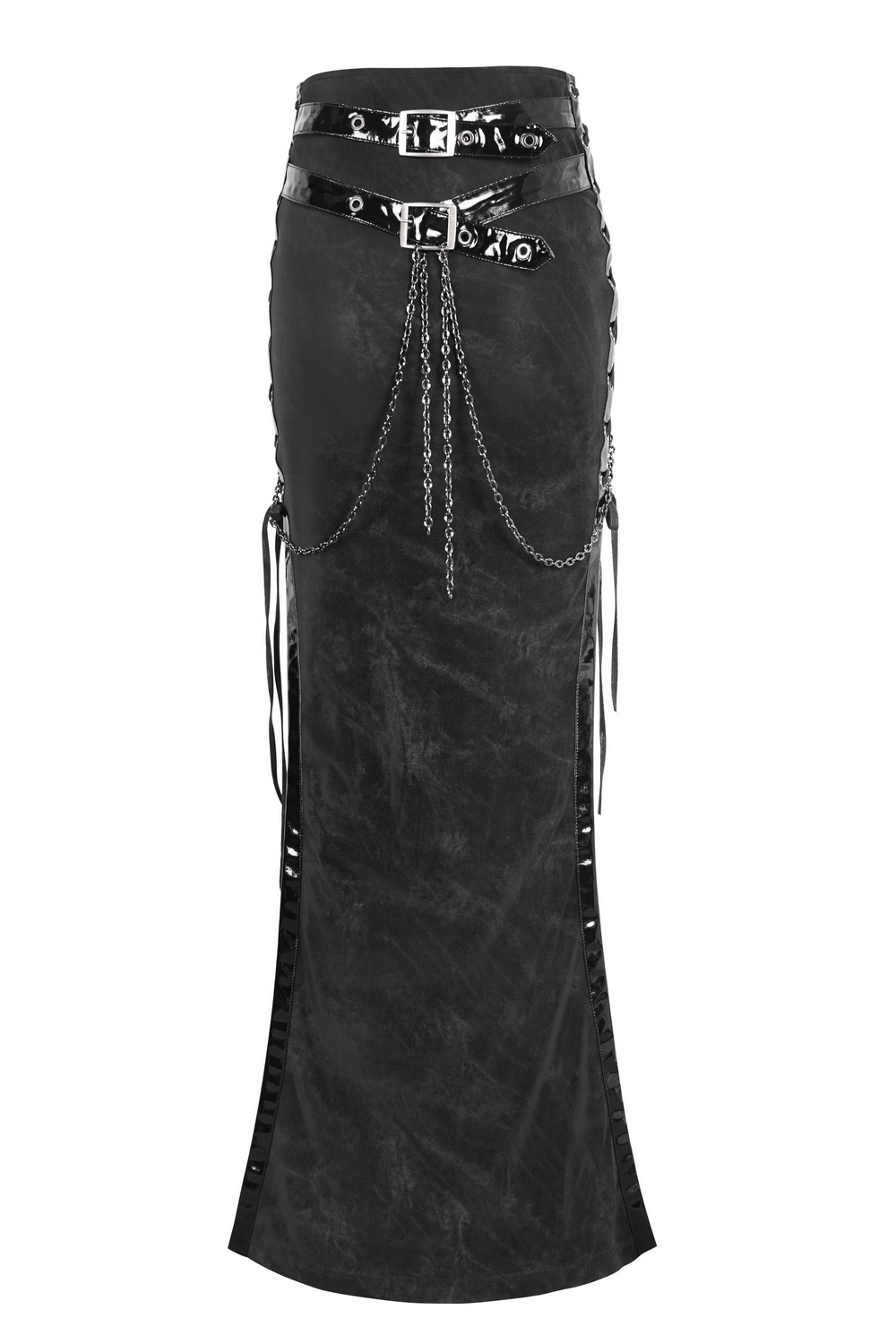 Stylish black maxi skirt with unique side lacing and chain details, perfect for evening wear.