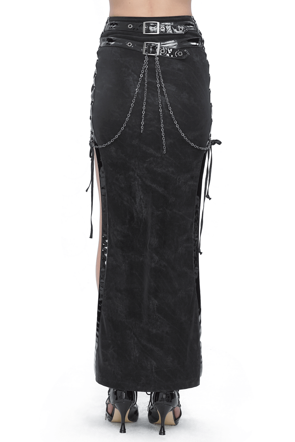 Stylish black maxi skirt with side lacing and asymmetrical cut, perfect for a chic evening look.