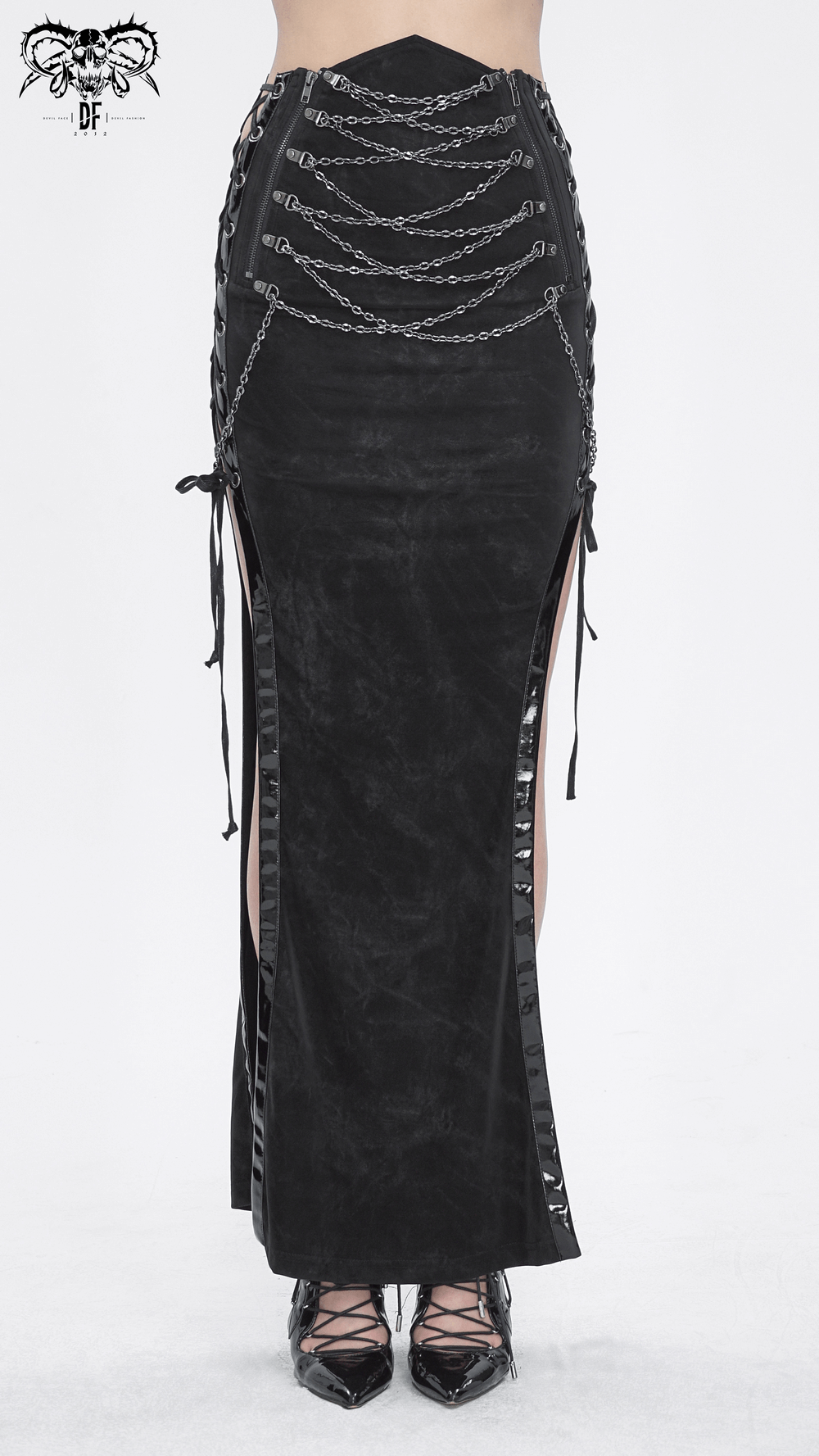Sleek black maxi skirt with side lacing and chain details, perfect for a chic evening look.