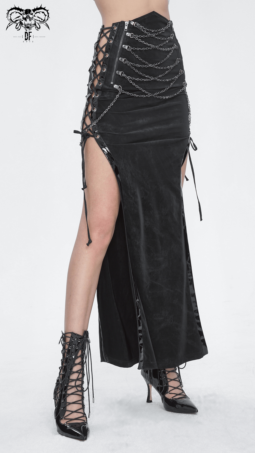 Sleek black maxi skirt with stylish side lacing details, perfect for a chic evening look.