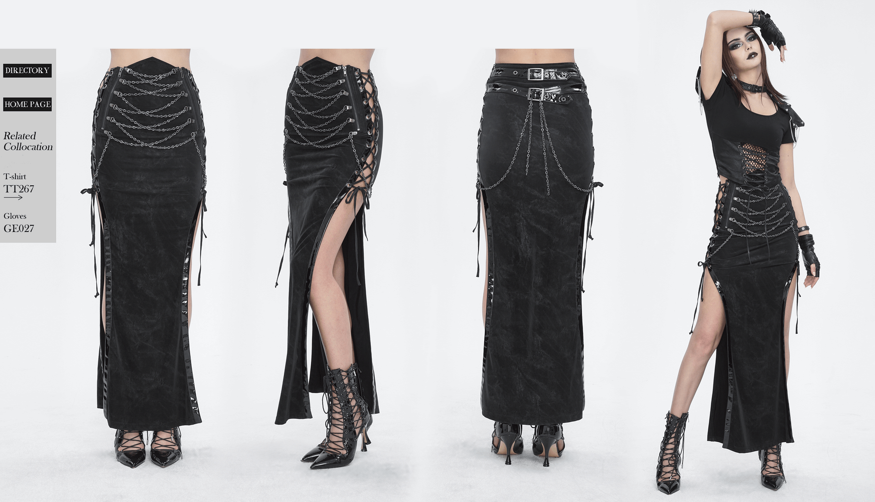Stylish black maxi skirt with side lacing details and an asymmetrical cut, perfect for chic evening wear.