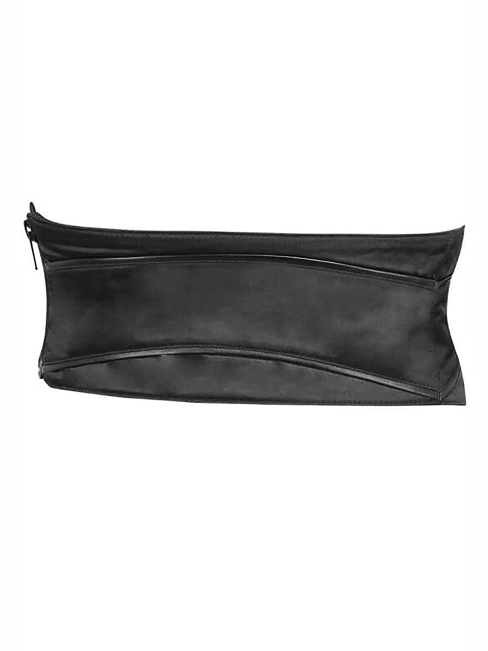 Sleek black satin belt pouch with stylish curved design and zipper closure for secure storage.