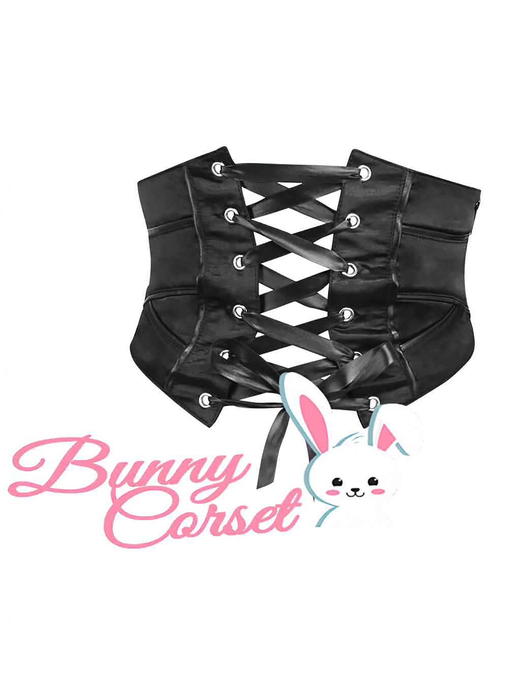 Stylish black satin corset belt with lacing and Bunny Corset logo for a trendy waist defining look.