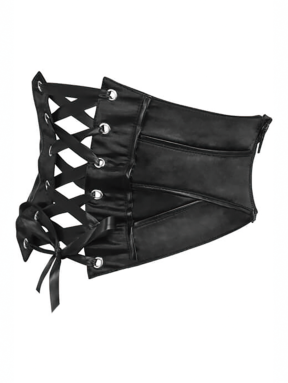 Sleek black satin corset belt with spiral steel boning and lace-up back for stylish waist support.