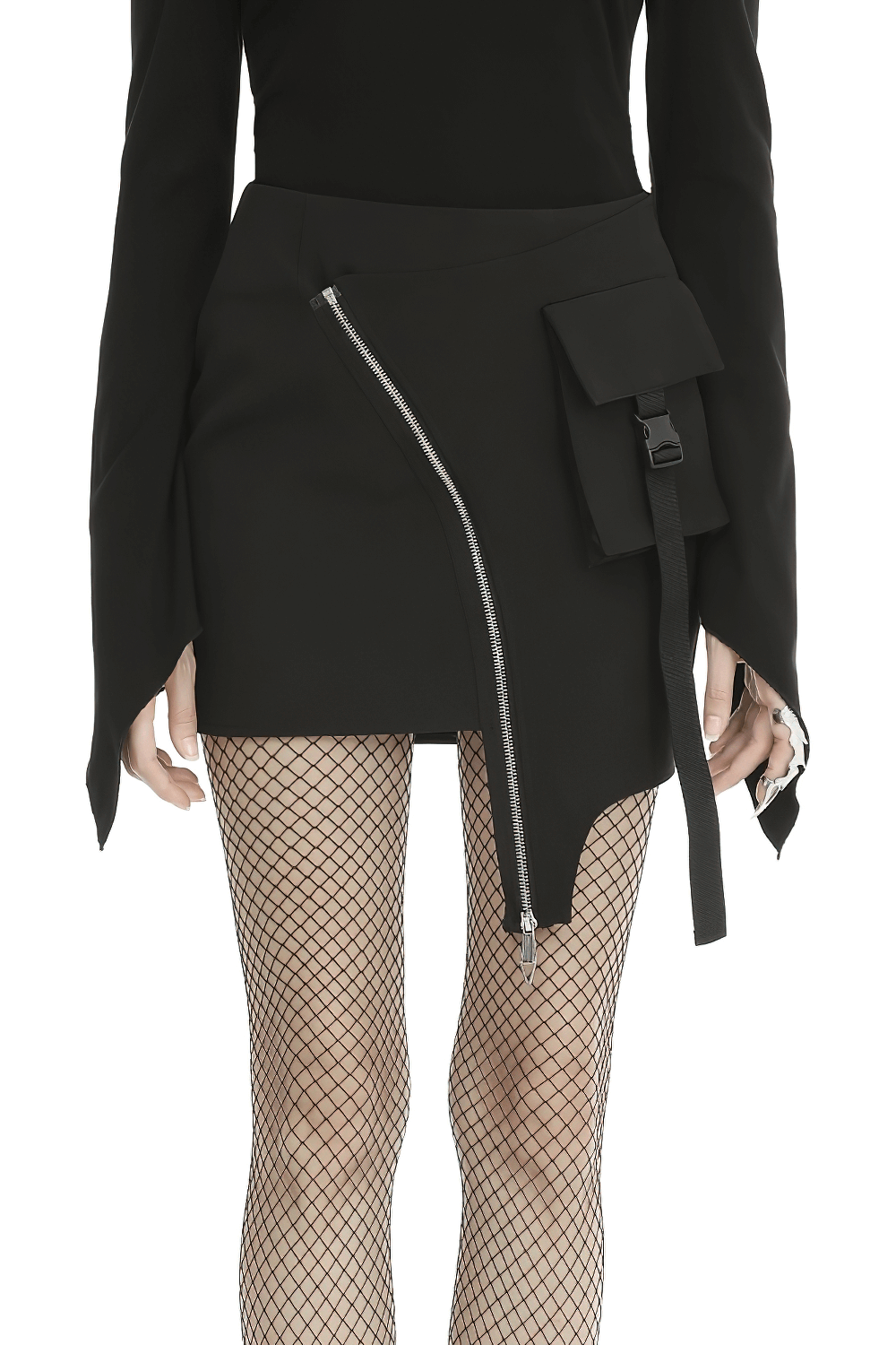 Sleek Black Skirt with Zipper and Belt Detailing