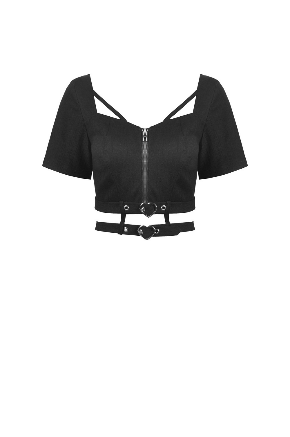 Sleek black crop top with zipper and belt accents, perfect for chic and trendy outfits.