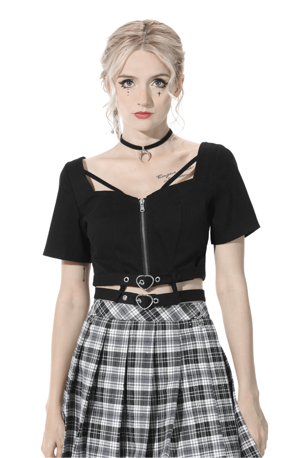 Sleek black zip-up crop top with stylish belt accents and short sleeves, paired with a plaid skirt for a chic look.