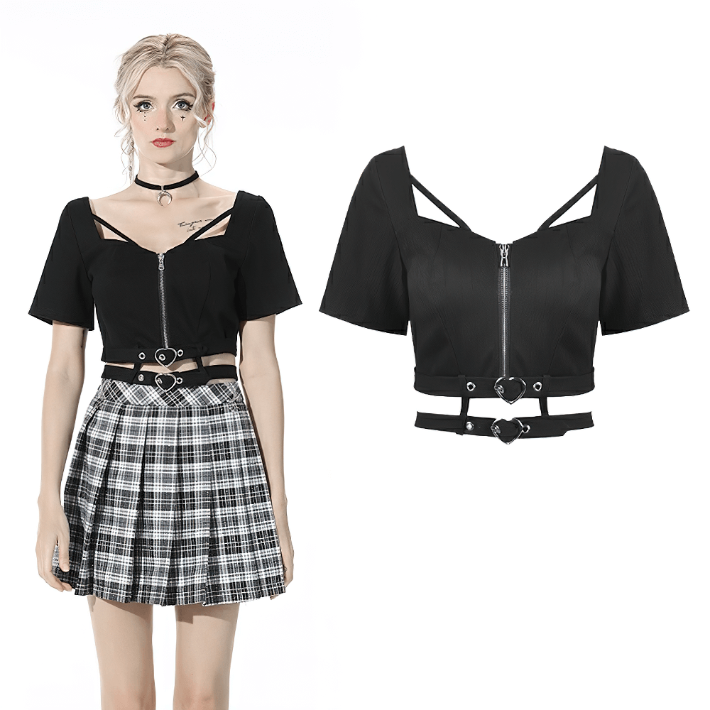 Trendy black zip-up crop top with belt accents, short sleeve design, stylish and edgy look.