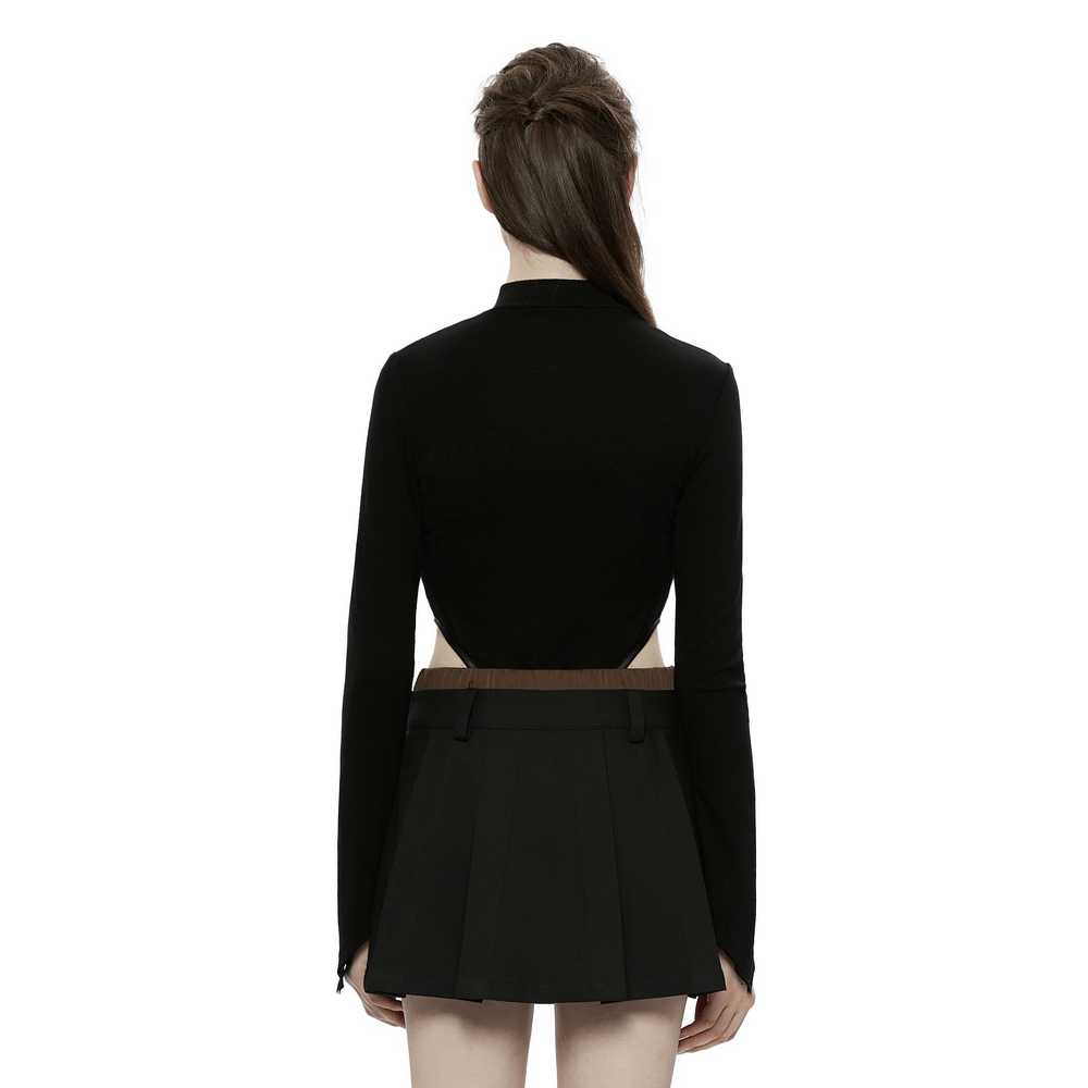 Sleek Bodysuit with Gothic Sleeves and Faux Leather Accents