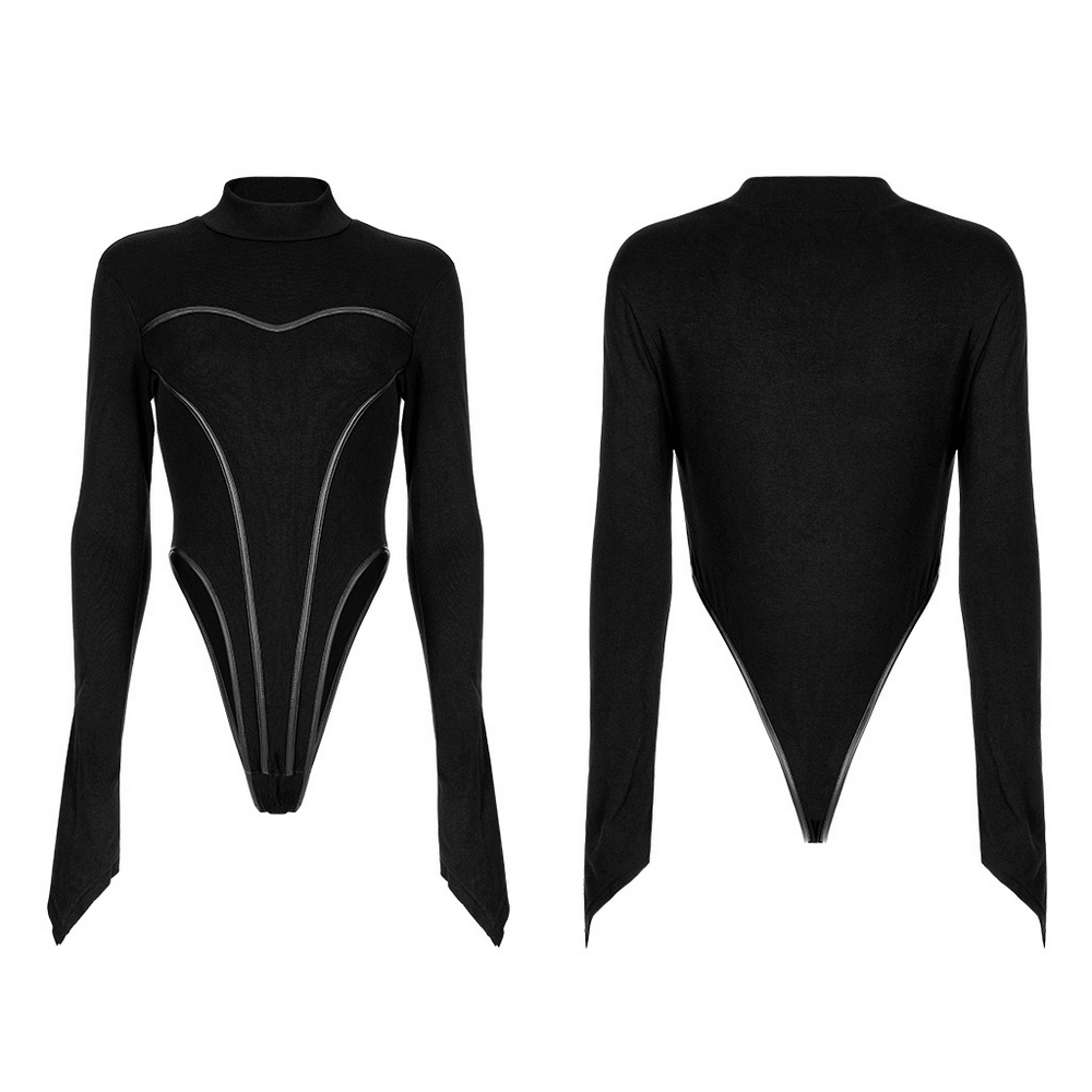 Sleek Bodysuit with Gothic Sleeves and Faux Leather Accents