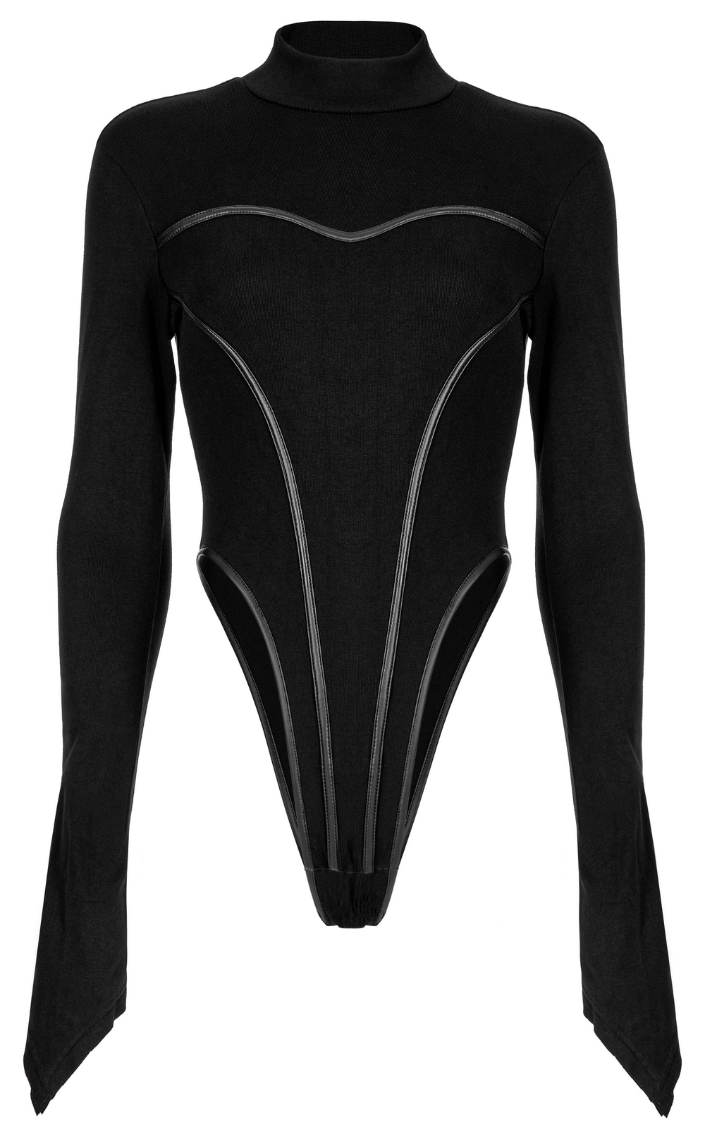 Sleek Bodysuit with Gothic Sleeves and Faux Leather Accents