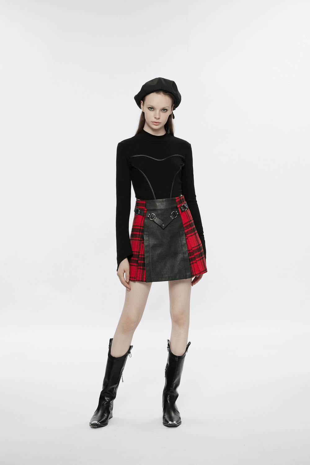 Sleek Bodysuit with Gothic Sleeves and Faux Leather Accents