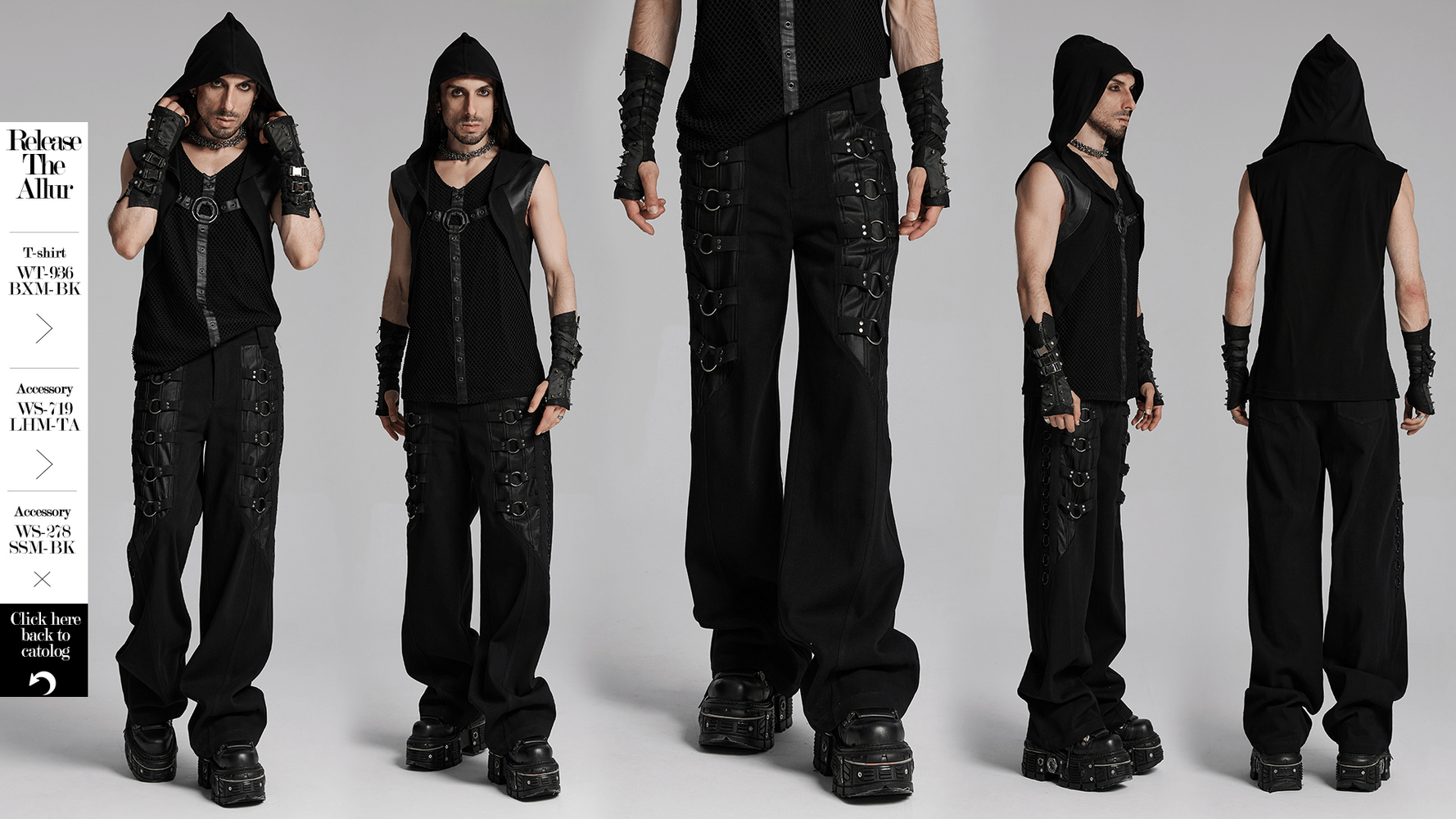 Sleek Gothic black pants with metal loops showcased on a model, embodying punk style and bold aesthetics.