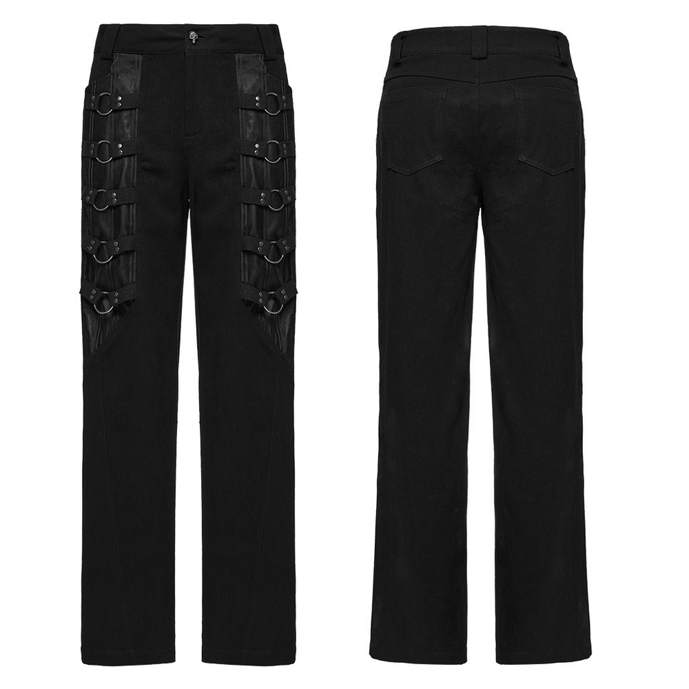 Sleek gothic black pants for men featuring punk-style metal loops and a stylish design front and back view.