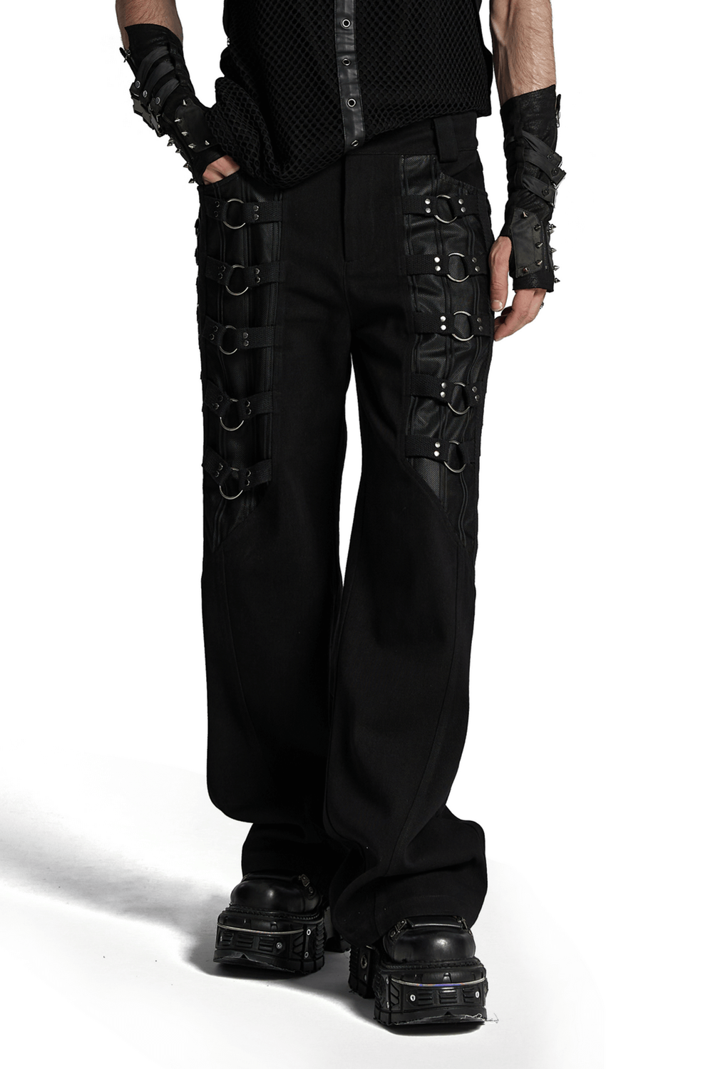 Sleek Gothic black pants for men featuring metal loops and punk-style design, perfect for making a bold fashion statement.