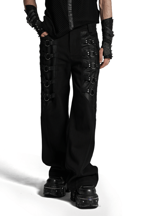 Pantalones Negros Góticos Elegantes con Aros Metálicos para Hombre