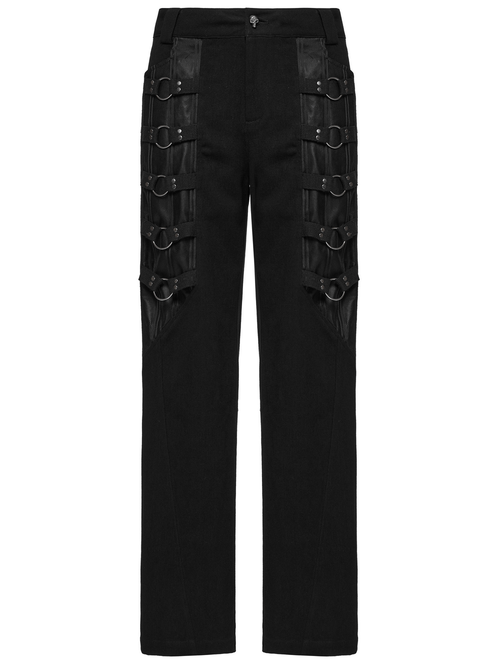 Sleek Gothic black pants for men featuring punk-style metal loops and vertical striped mesh design.