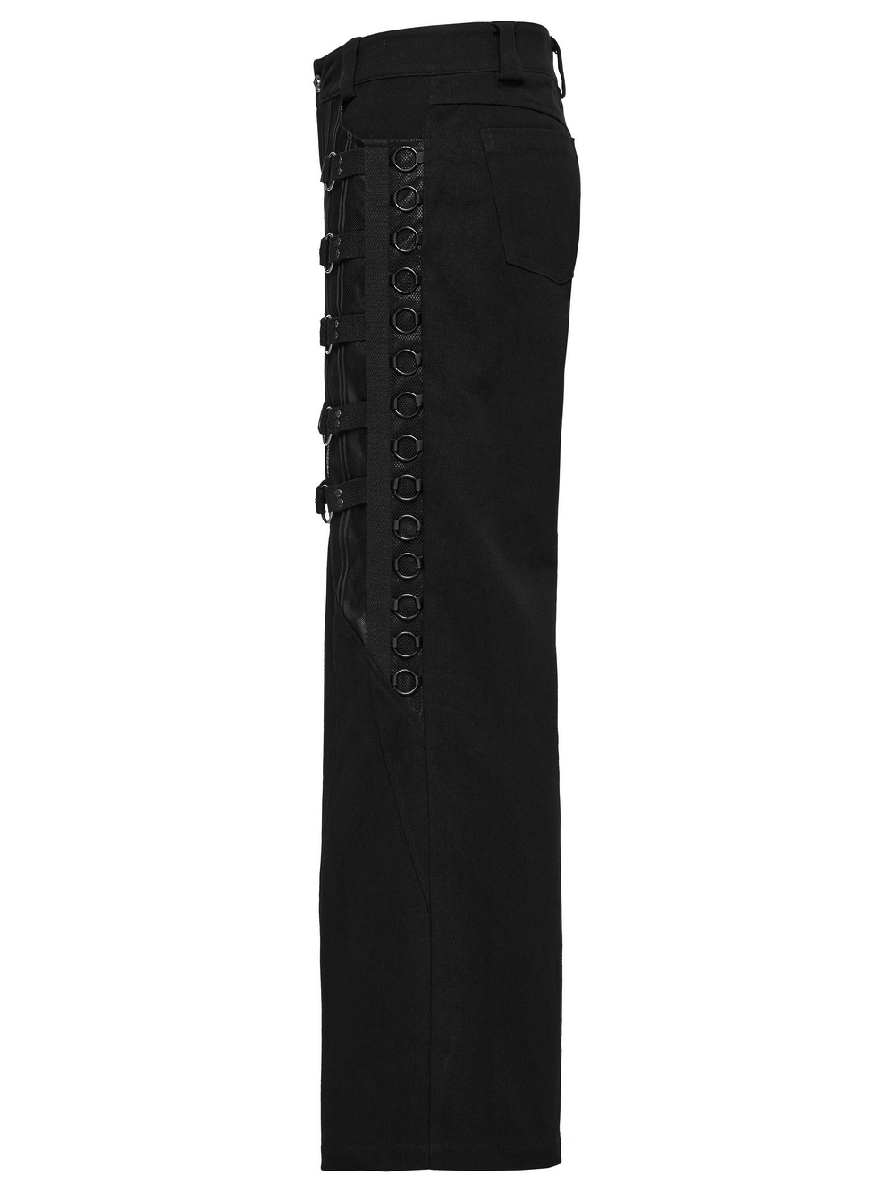 Sleek Gothic black pants for men featuring punk-style metal loops and a vertical striped design. Perfect for bold fashion statements.