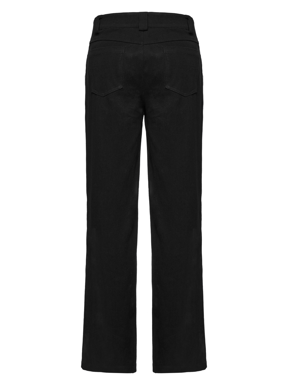 Back view of sleek Gothic black pants with a straight leg and stylish pockets, perfect for a punk-inspired look.