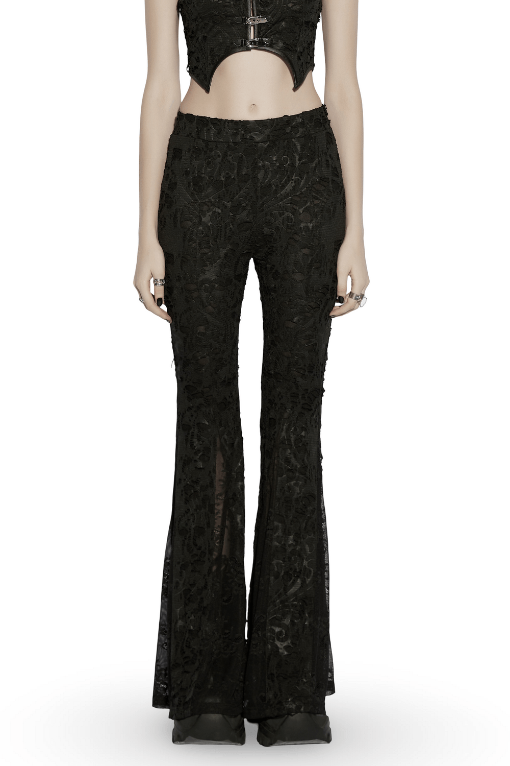 Alt Tag: Sleek Gothic Jacquard Lace High Waist Flared Pants with sheer lace flares, black embossed knit, high-waist fit and patch pockets