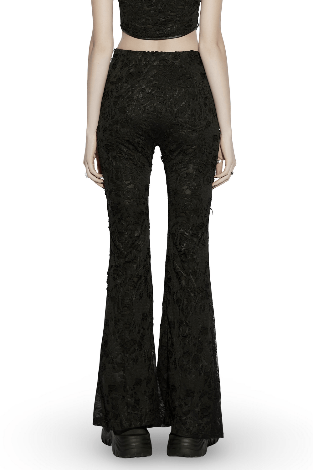 Alt Tag: Sleek Gothic Jacquard Lace High Waist Flared Pants, back view black flared legs with sheer lace detail and high-waist fit
