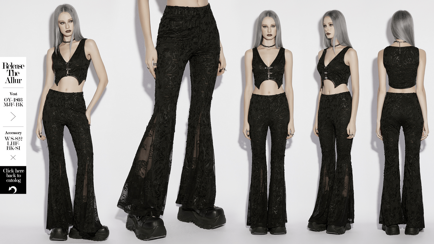 Alt Tag: Sleek Gothic Jacquard Lace High Waist Flared Pants with sheer lace panels, black high-waist flare fit shown front and back