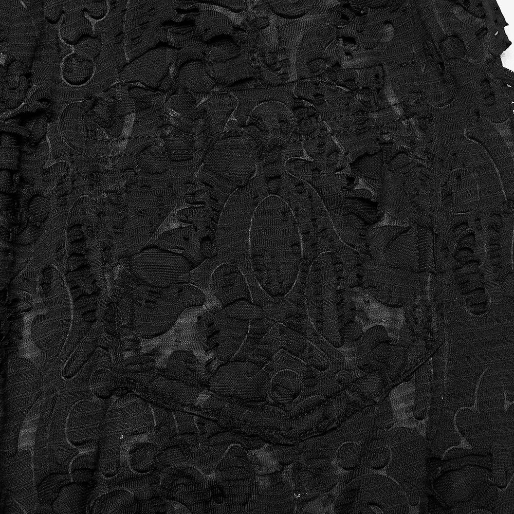 Alt Tag: Sleek Gothic Jacquard Lace High Waist Flared Pants close-up of black embossed jacquard fabric texture with gothic pattern