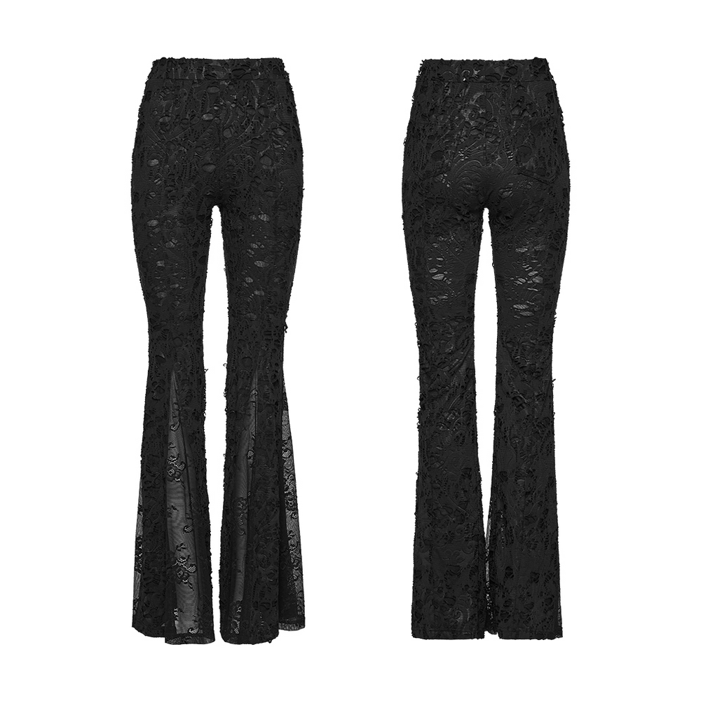Alt Tag: Sleek Gothic Jacquard Lace High Waist Flared Pants in black, front and back view with sheer lace flare and sculpting patch pockets
