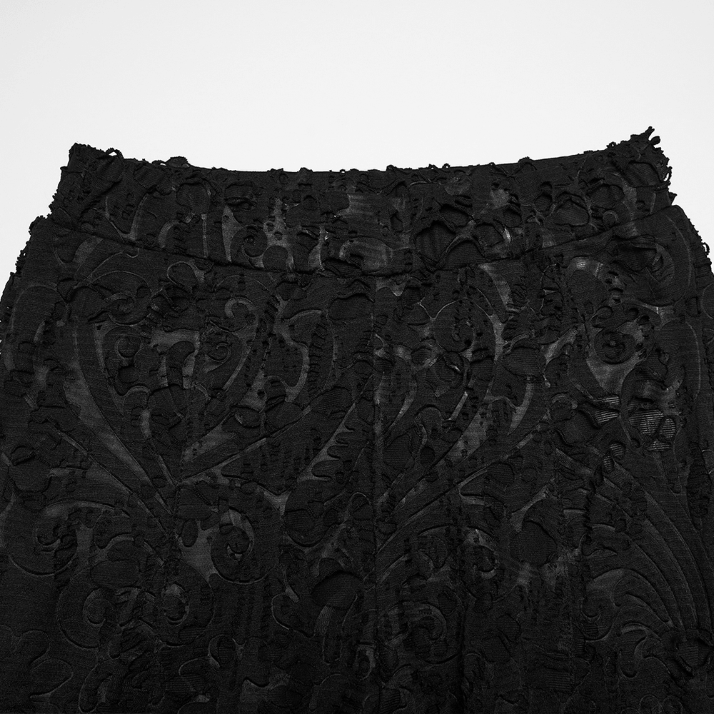 Alt Tag: Sleek Gothic Jacquard Lace High Waist Flared Pants close-up of black embossed jacquard texture and high-waist waistband