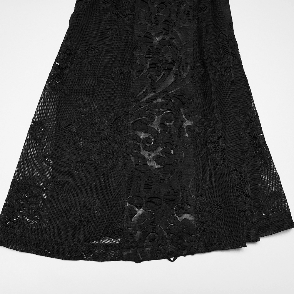 Alt Tag: Sleek Gothic Jacquard Lace High Waist Flared Pants close-up of black sheer lace jacquard panel with vintage goth texture