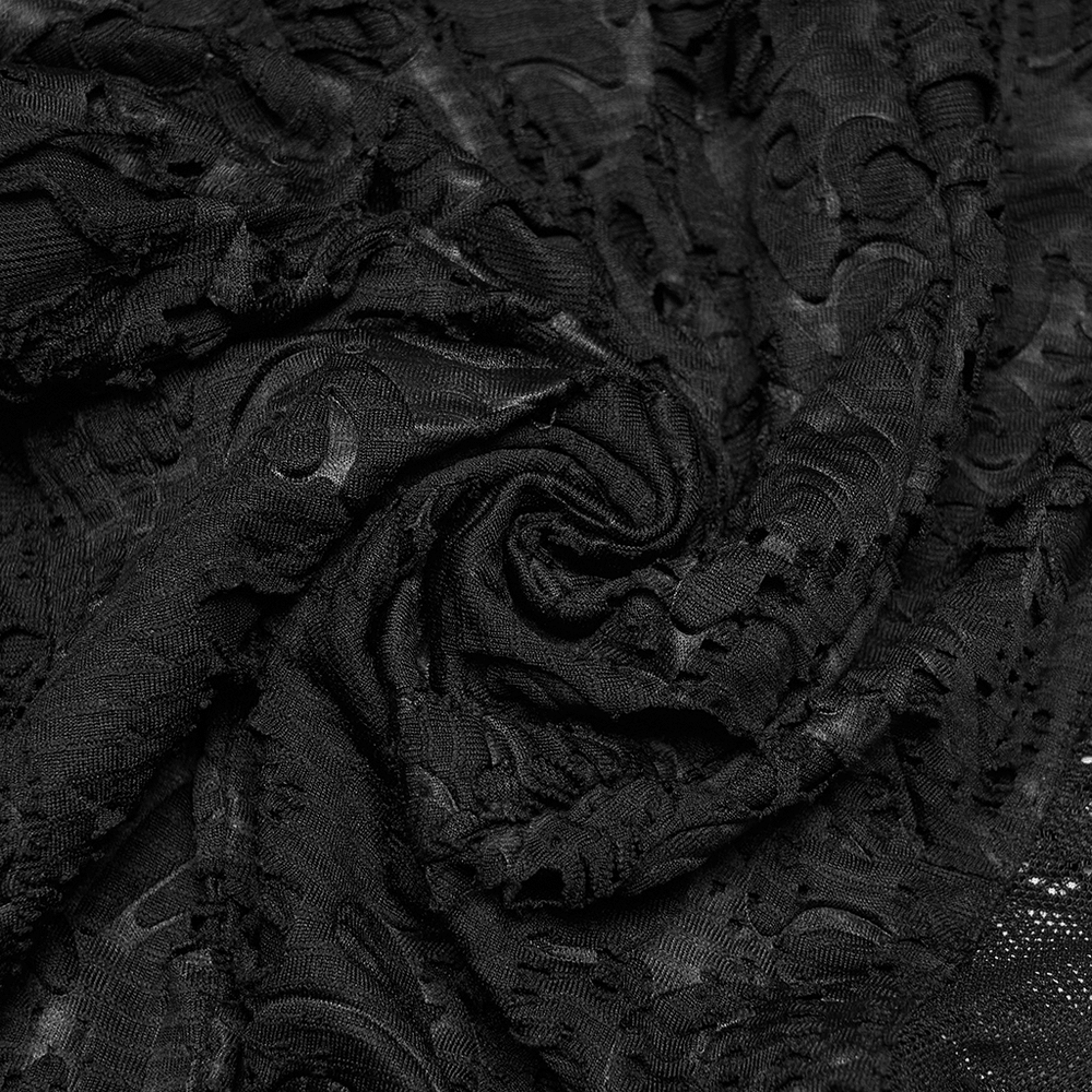 Alt Tag: Sleek Gothic Jacquard Lace High Waist Flared Pants black embossed jacquard fabric close-up with sheer lace texture